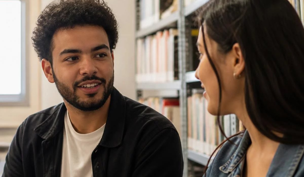 Pessoas conversando de pé junto às estantes antes de o encontro abrir