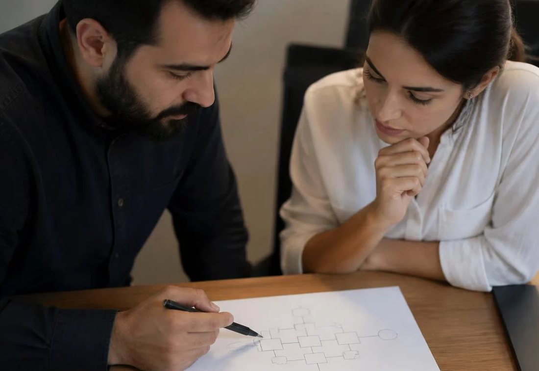 Colegas revendo no tablet as anotações do encontro anterior
